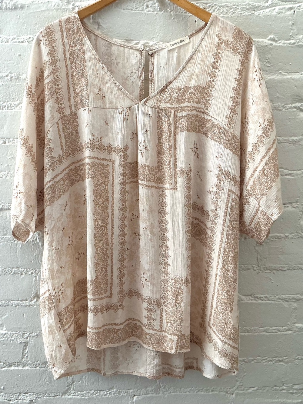 Cotton Bleu Boho Flowy Top Cream Floral Paisley Print Feminine Fairy Festival M